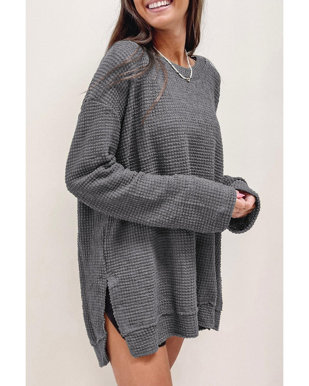 Gray Waffle Knit High Slits Oversized Top - L