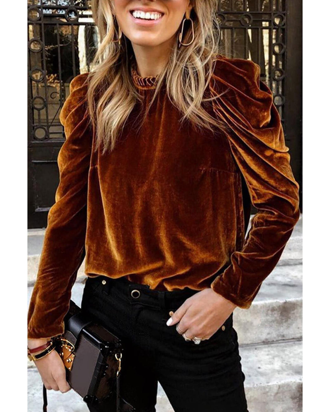 Chestnut Frilled Collar Puff Sleeve Velvet Top - L