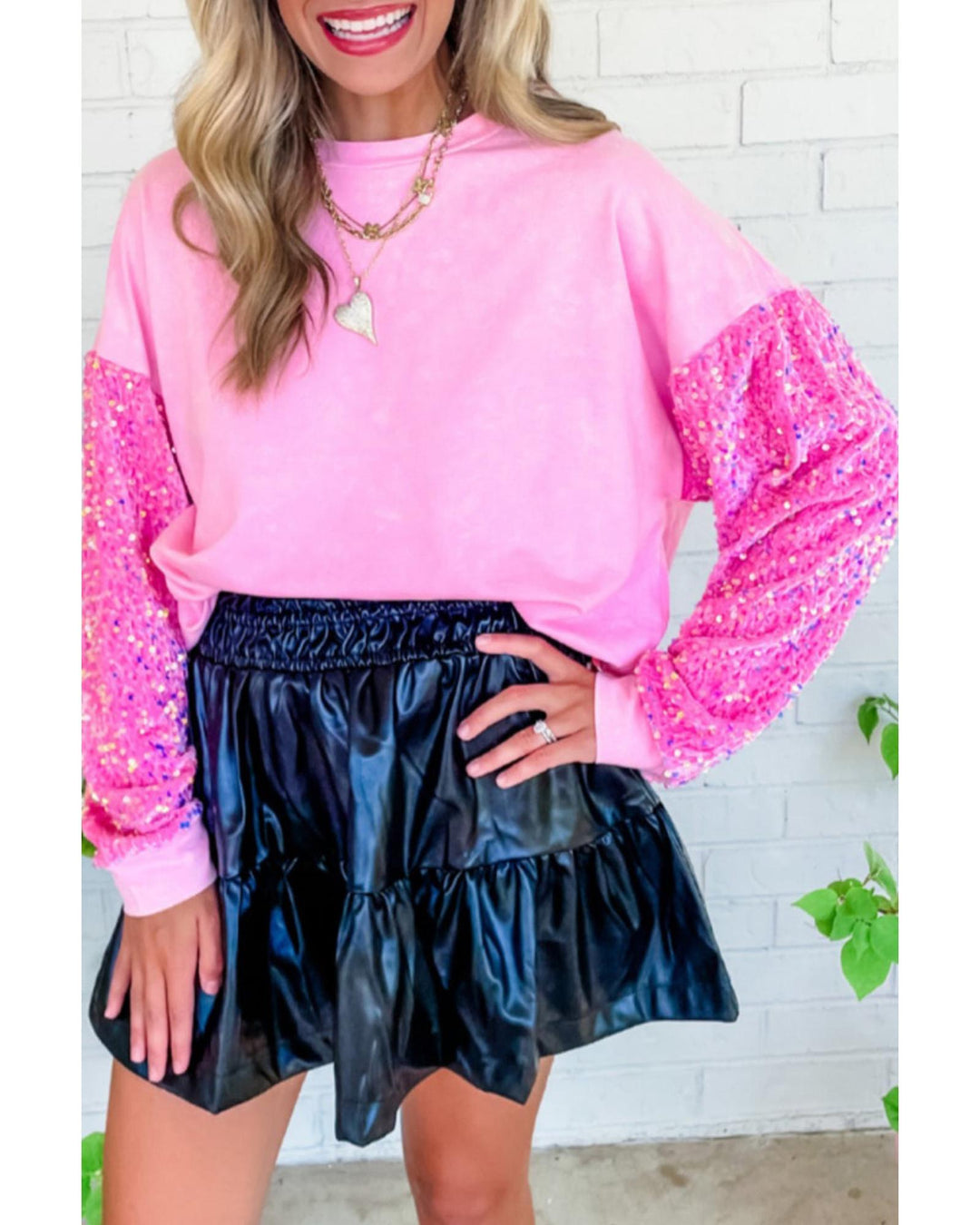 Azura Exchange Pink Sequin Patchwork Long Sleeve Pullover Top - L