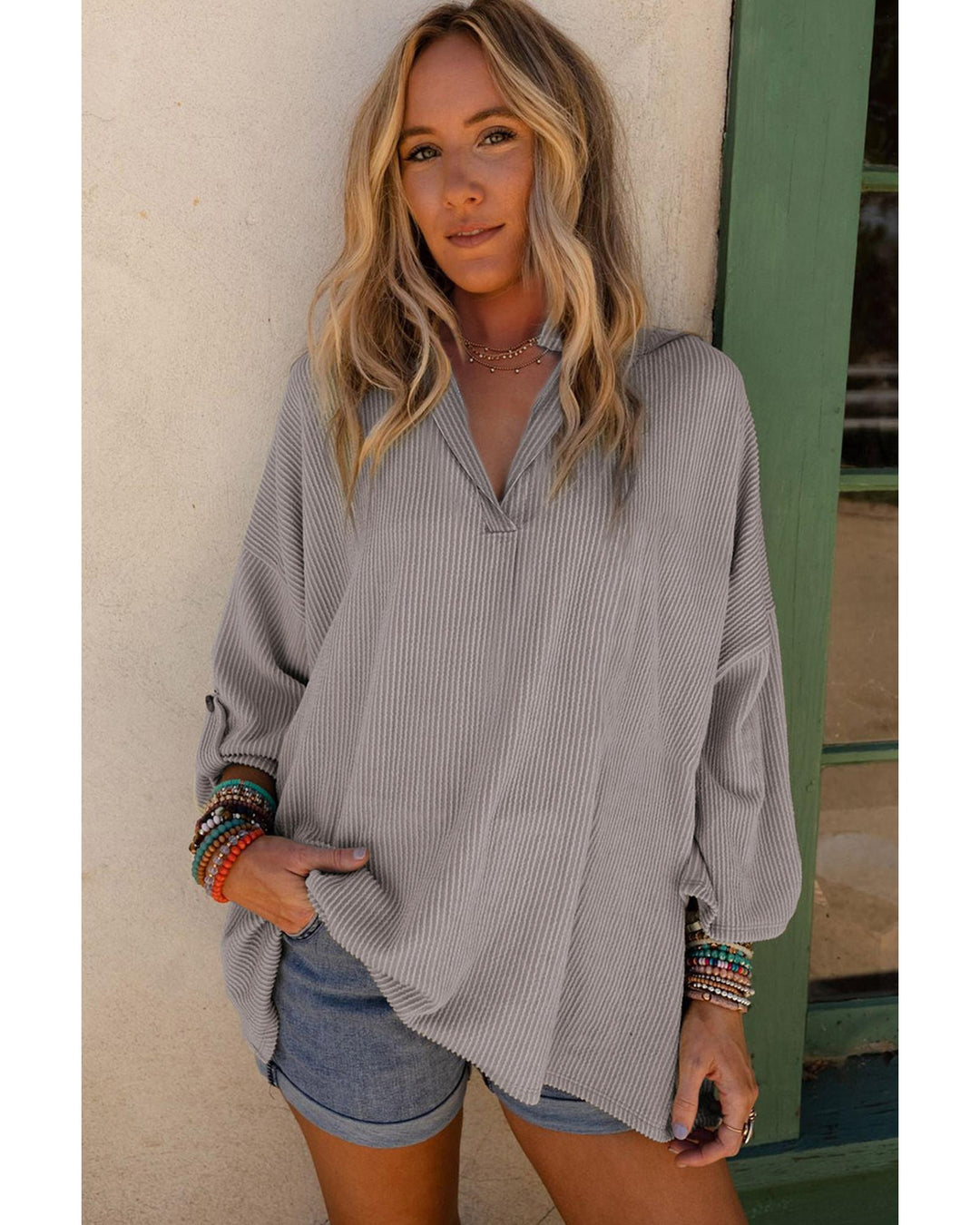 Philippine Gray Ribbed Roll-tab Sleeve Oversize Top - M