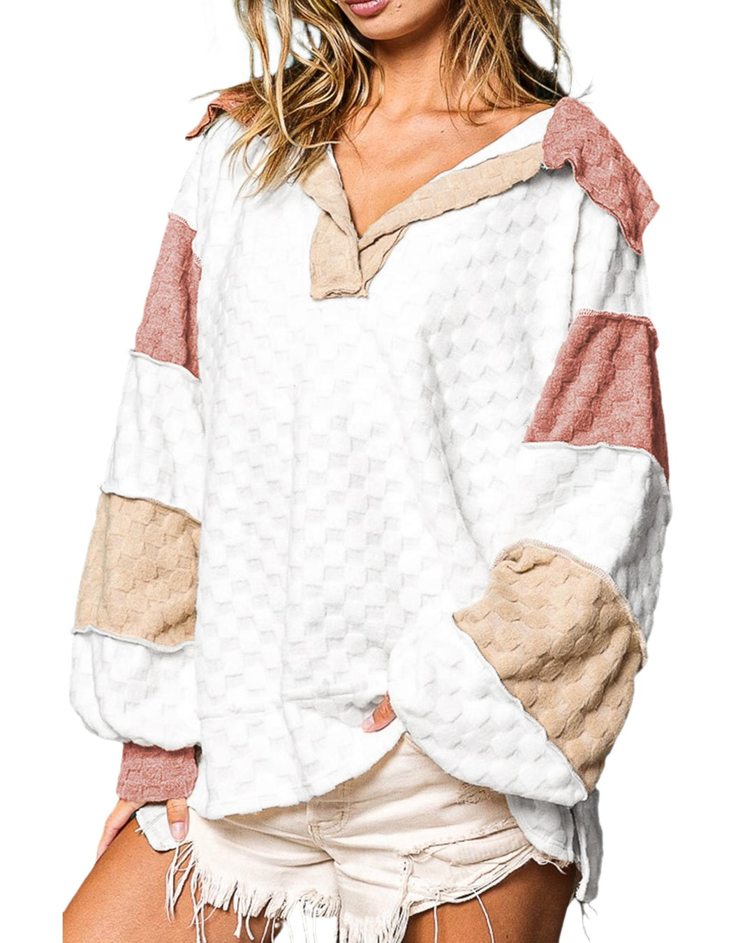 White Plaid Patchwork Exposed Seam V Neck Loose Blouse - L