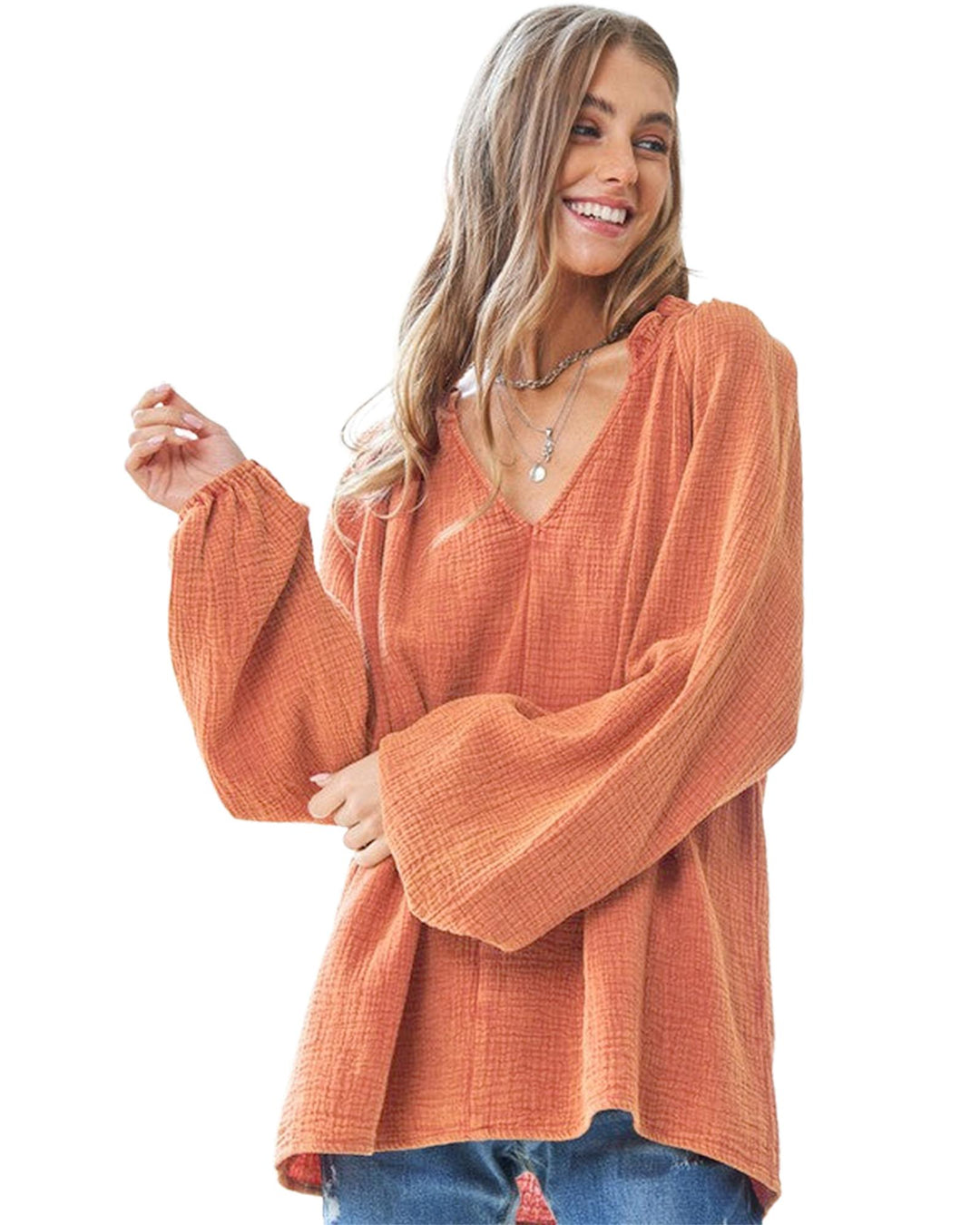 Orange Crinkle Textured Frill Split Neck Puff Sleeve Blouse - S