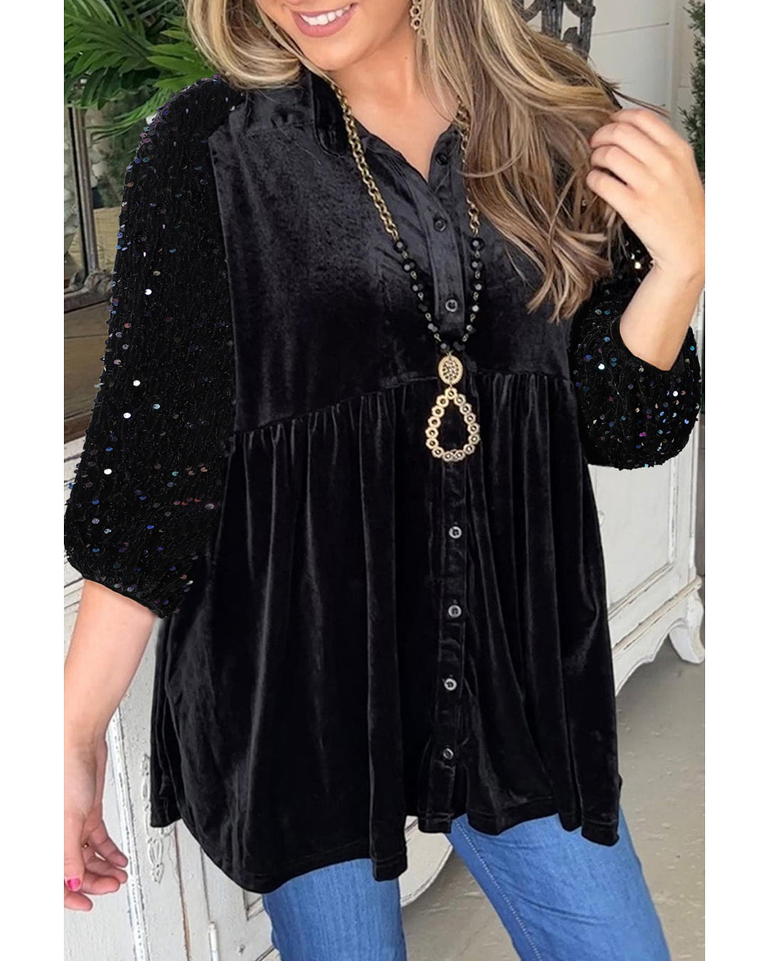 Black Sequin Puff Sleeve Buttoned Velvet Peplum Shirt - XL