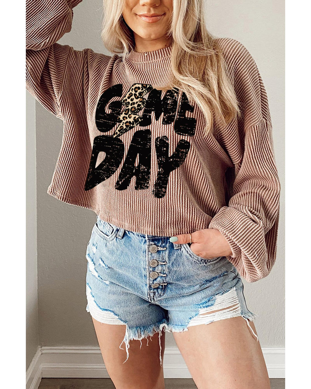 Khaki Game Day Graphic Crop Rugby Football Corded Knit Top - L