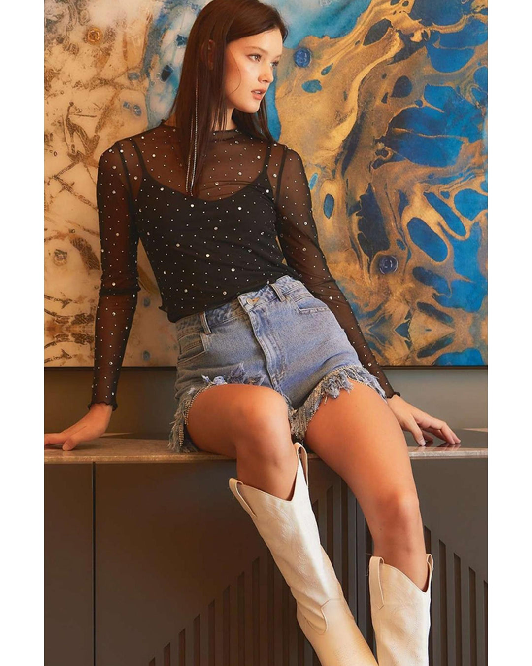 Black Rhinestone Sheer Mesh Slim Fit Long Sleeve Top - L