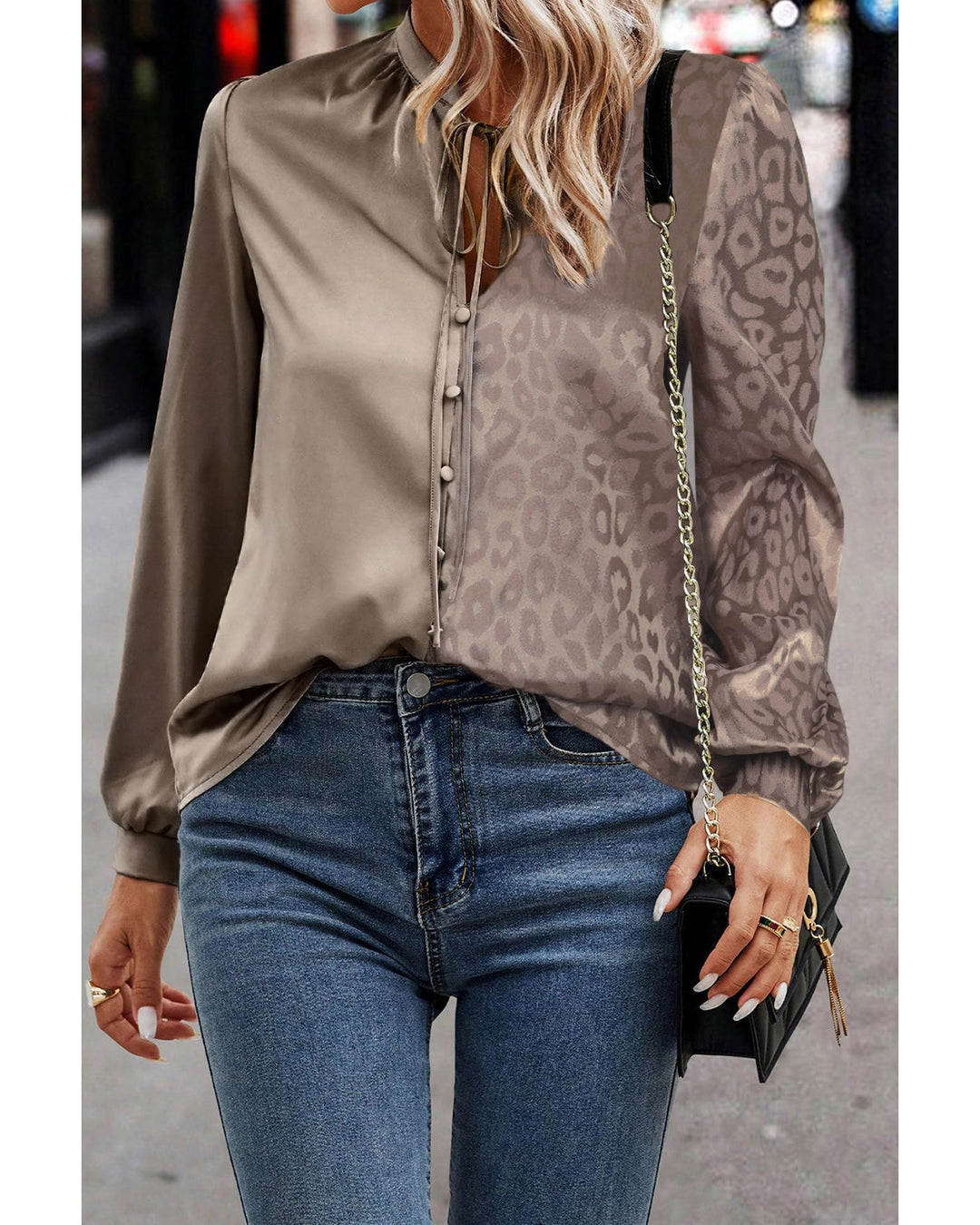 Light French Beige Contrast Half Leopard Jacquard Satin Blouse - M