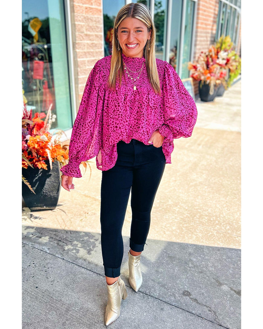 Rose Leopard Shirred Puff Sleeve Flowy Blouse - L