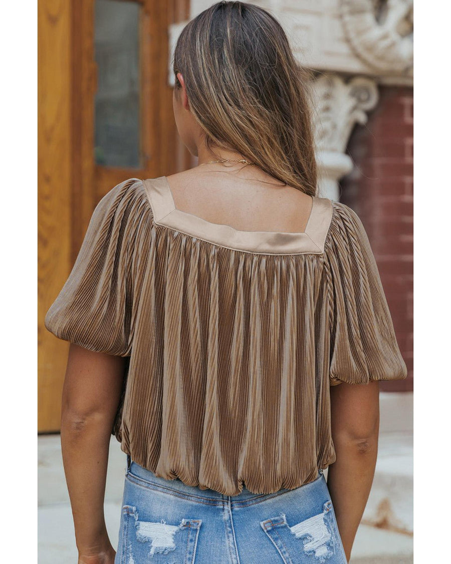 Simply Taupe Pleated Puff Sleeve Square Neck Blouse - S