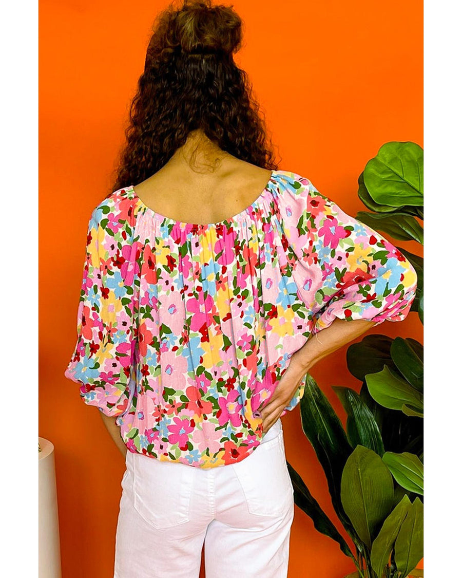 Red Floral Print Puff Sleeve Pleated Elastic Neckline Blouse - M