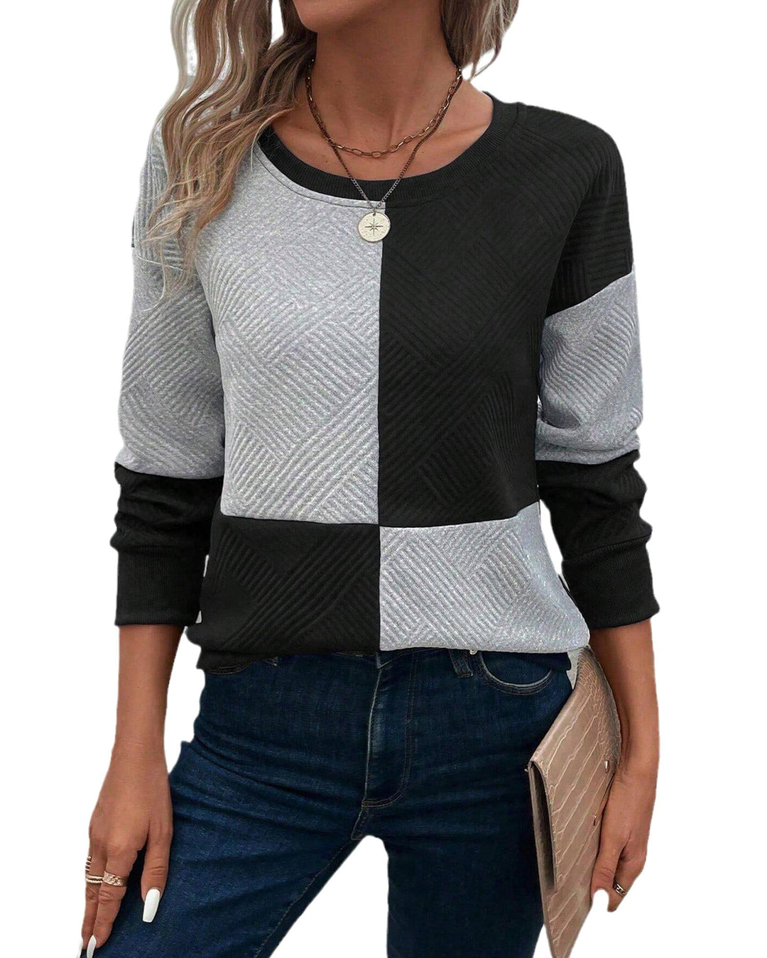 Black Color Block Textured Drop Shoulder Top - S