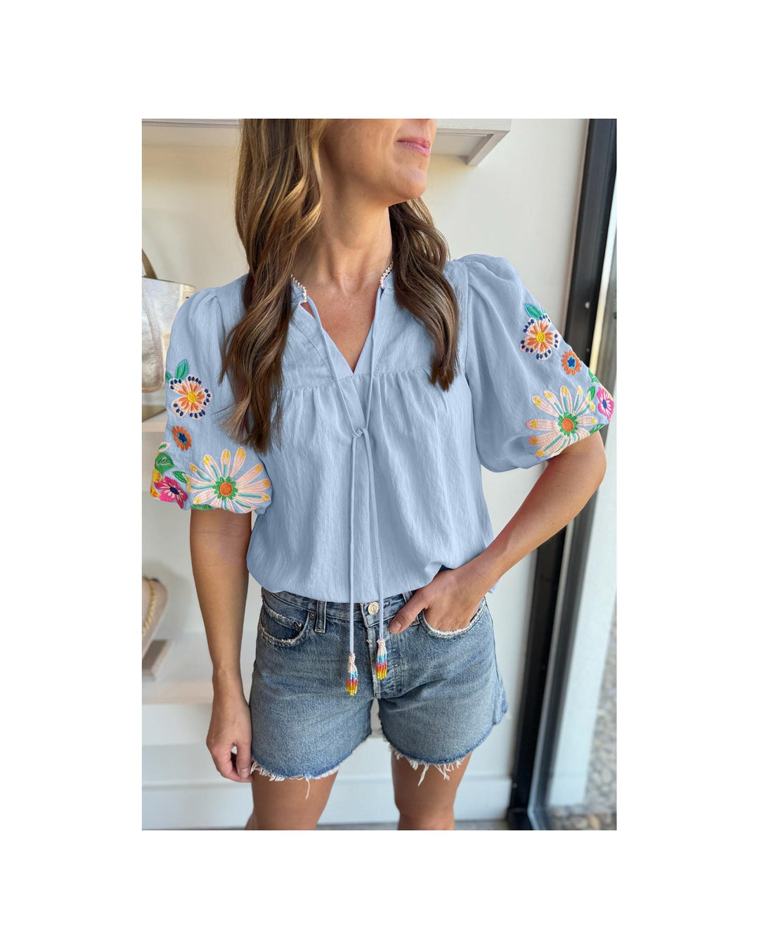 Beau Blue Floral Embroidered Puff Sleeve Split Neck Blouse - M