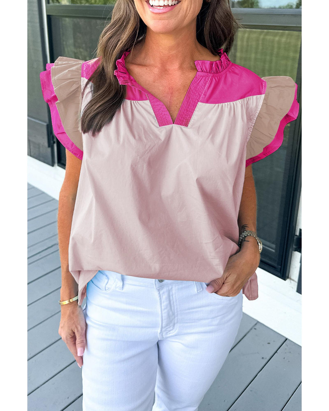 Pink Colorblock Ruffled Sleeve Frill V Neck Blouse - XL