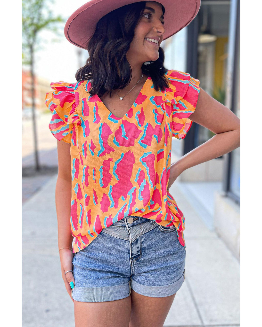 Orange Abstract Print V Neck Ruffled Sleeve Blouse - L