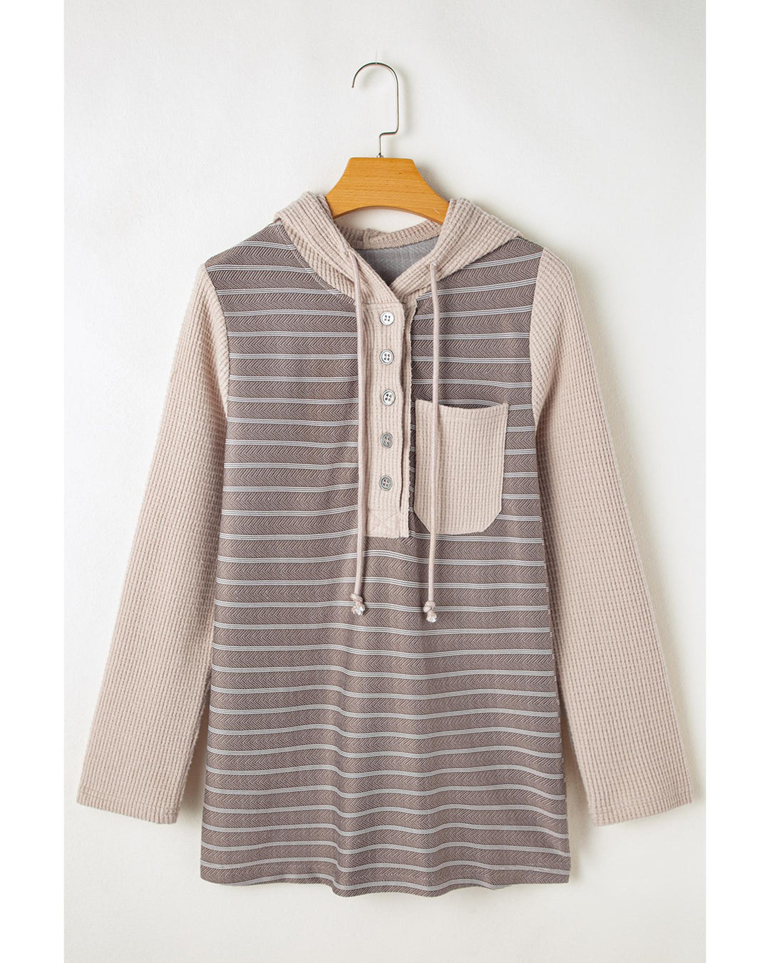 Gray Textured Knit Colorblock Striped Henley Hooded Top - S