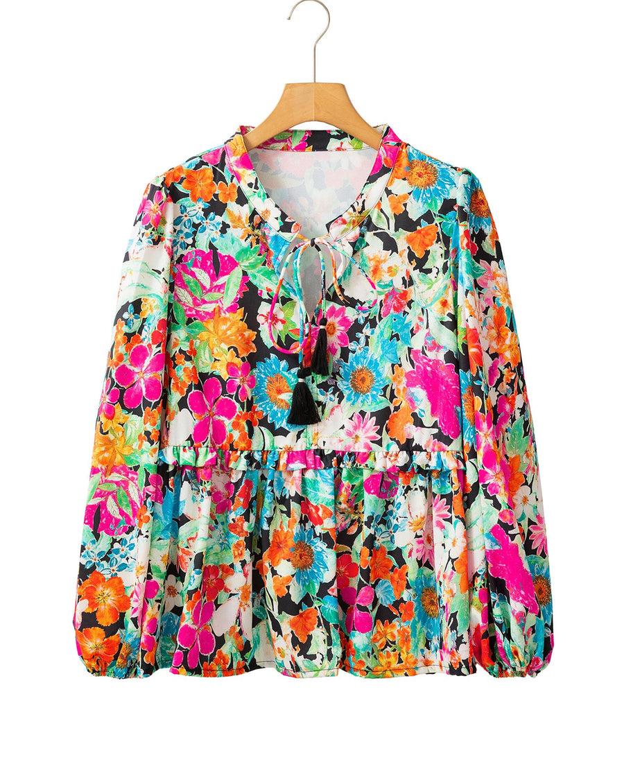 Multicolour Floral Print Bubble Sleeve V Neck Ruffled Blouse - M