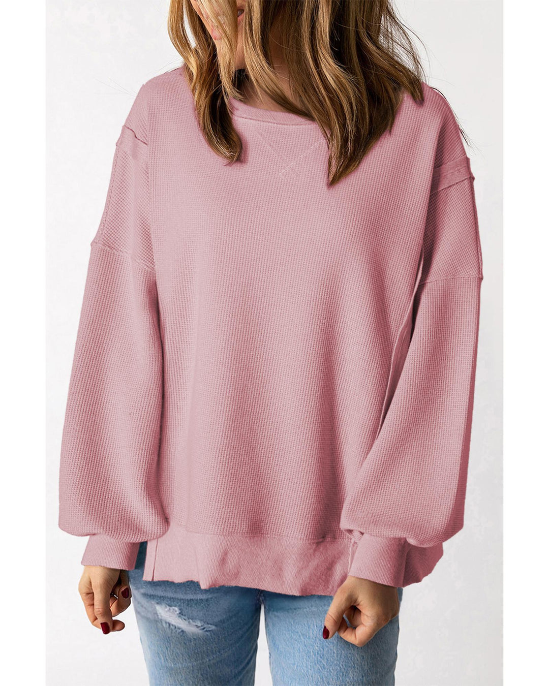 Pink Waffle Knit Bishop Sleeve Split Oversized Sweatshirt - S
