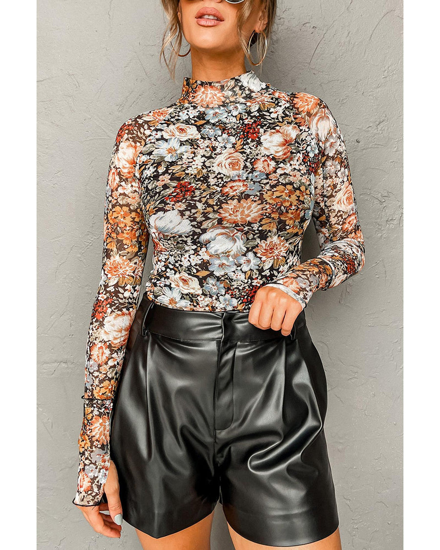 Brown Floral Long Sleeve High Neck Sheath Mesh Blouse - M