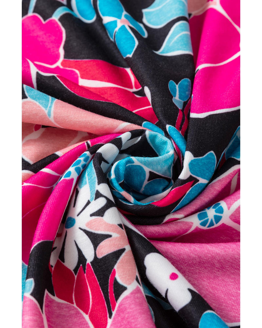 Pink Floral V Neck Roll Tab Sleeve Blouse - M