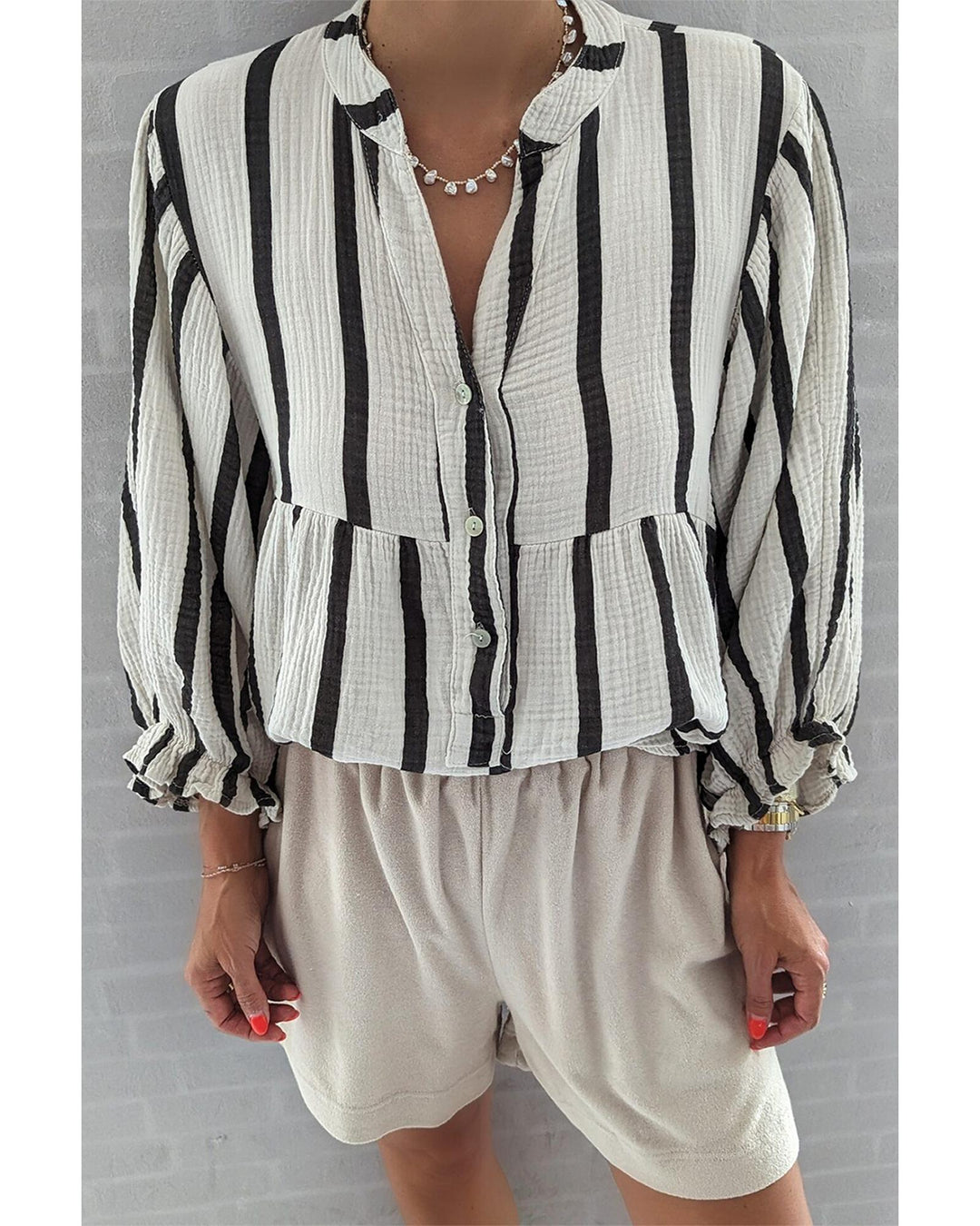 Black Stripe Crinckled Ruffled Sleeve Button up Loose Shirt - XL