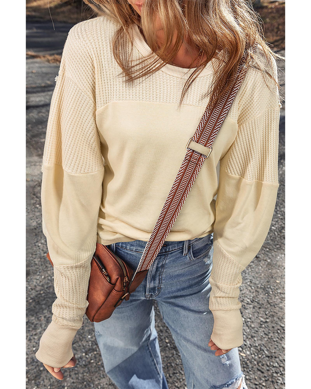 Beige Thermal Knit Patchwork Exposed Seam Long Sleeve Top - L