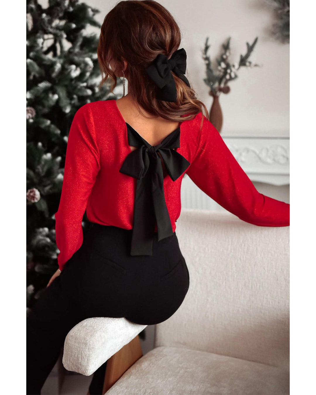 Racing Red Metallic Bowknot Open Back V Neck Top - S