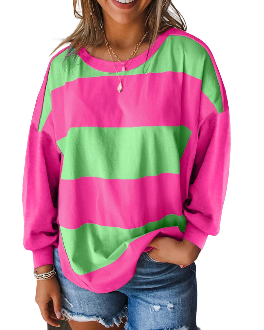 Light Green Colorblock Striped Drop Shoulder Loose Top - L