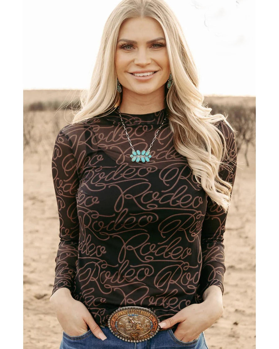 Black Western Rodeo Printed Mock Neck Long Sleeve Mesh Top - L