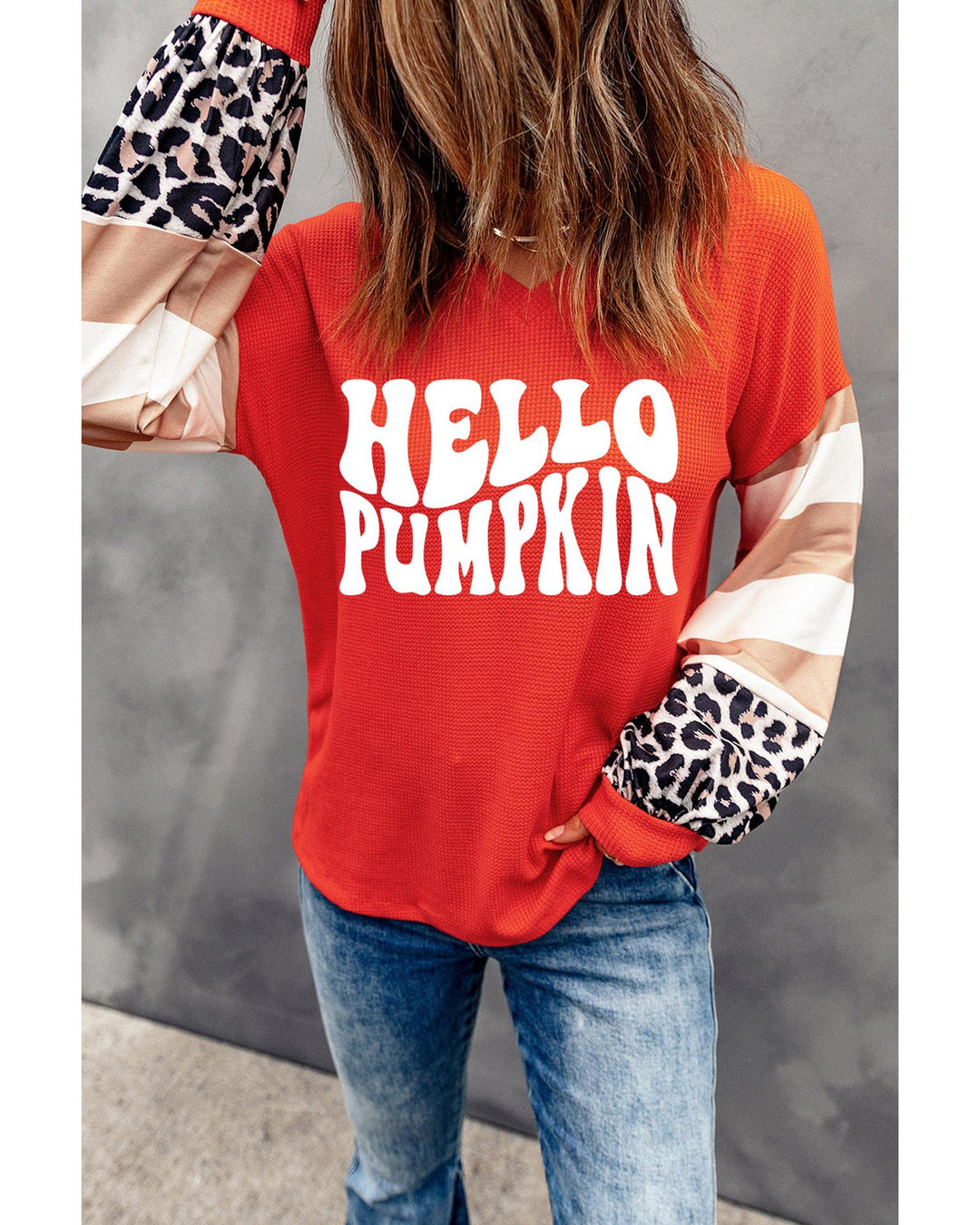 Red Hello Pumpkin Graphic Leopard Striped Colorblock Sleeve V Neck Top - M