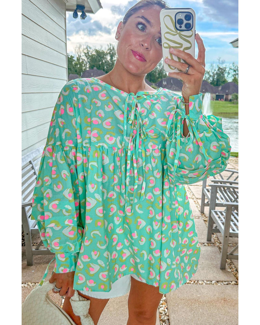 Green Abstract Printed Lace-up Lantern Sleeve Babydoll Blouse - L