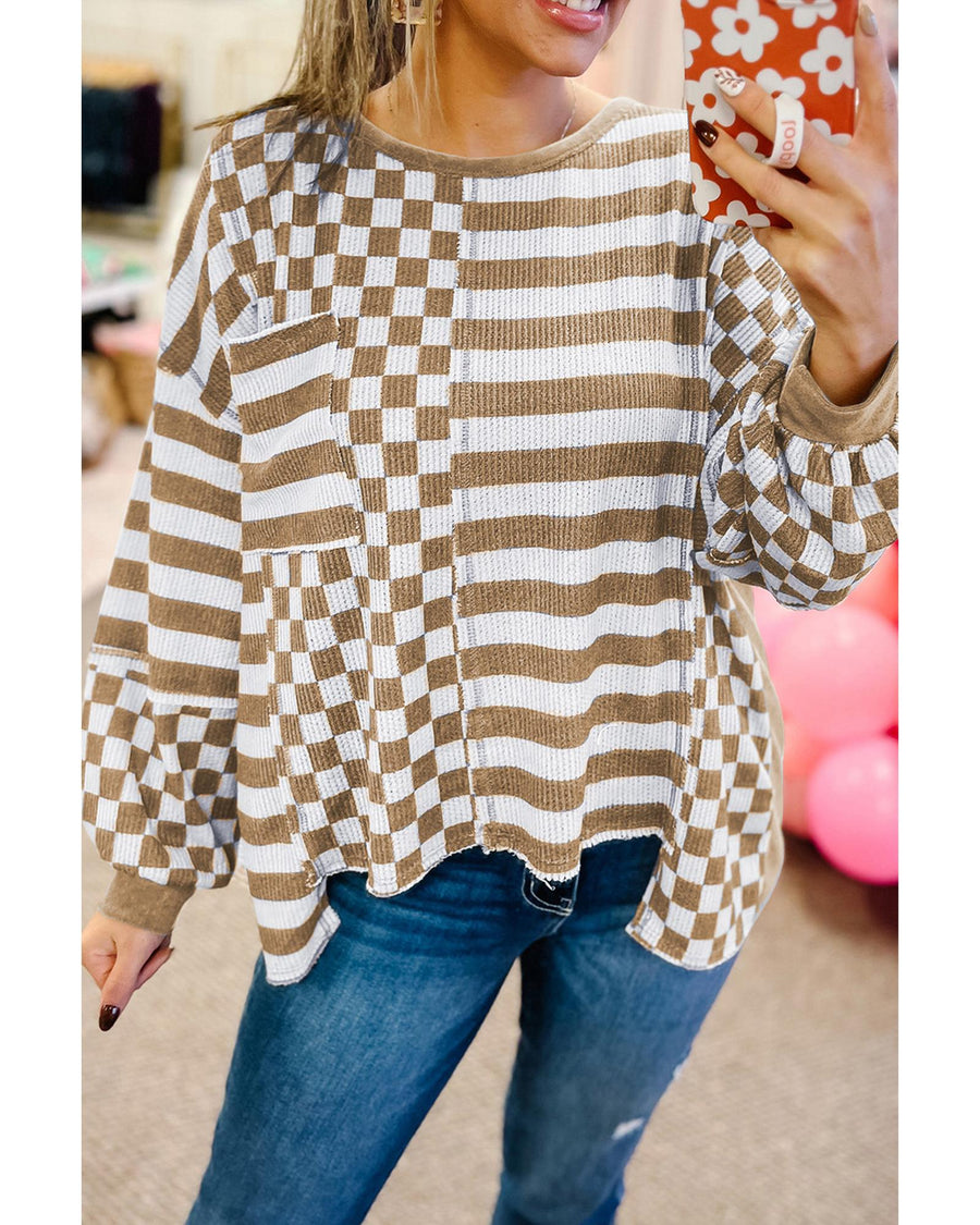 Khaki Checkerboard Striped Patchwork Lantern Sleeve Pocketed Blouse - M
