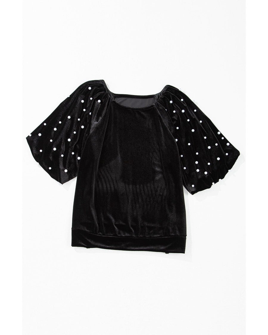Black Pearl Beaded Half Sleeve Velvet Top - XL