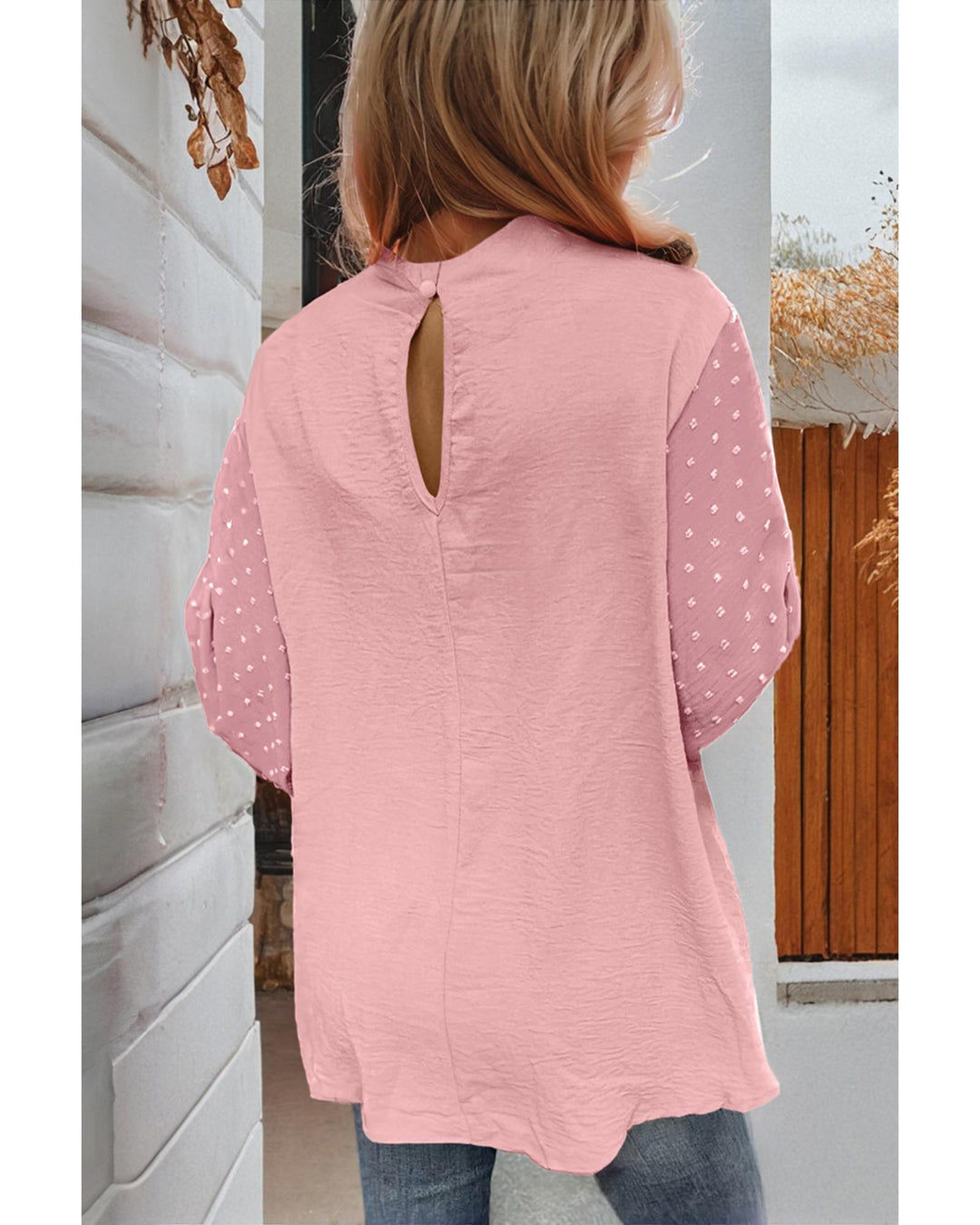 Gossamer Pink Swiss Dot Balloon Sleeve Loose Blouse - L