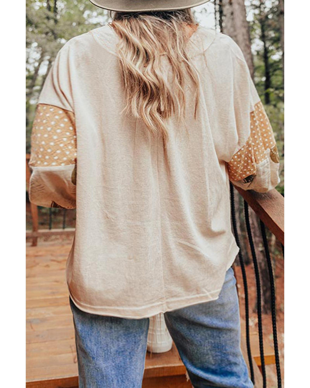 Jet Stream Palm Leaves Polka Dot Puff Sleeve Patchwork V Neck Loose Blouse - M
