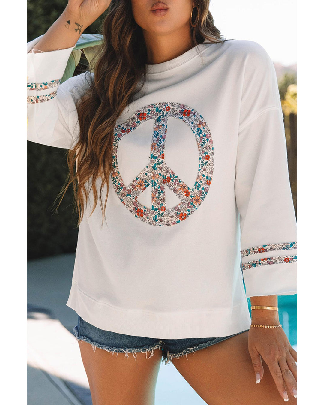 Jet Stream Floral Peace Sign Graphic Drop Shoulder Wide Sleeve Casual Top - L