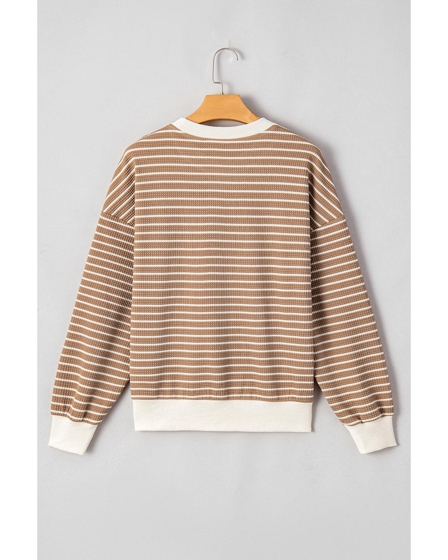 Khaki Stripe Patched Edge Textured Round Neck Long Sleeve Top - XL