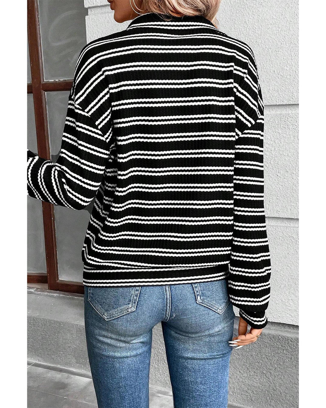 Black Stripe Textured Quarter Zip Collar Long Sleeve Top - M