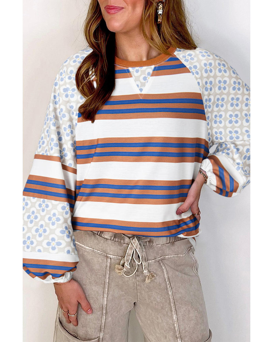 White Striped Floral Printed Patchwork Lantern Sleeve Blouse - S