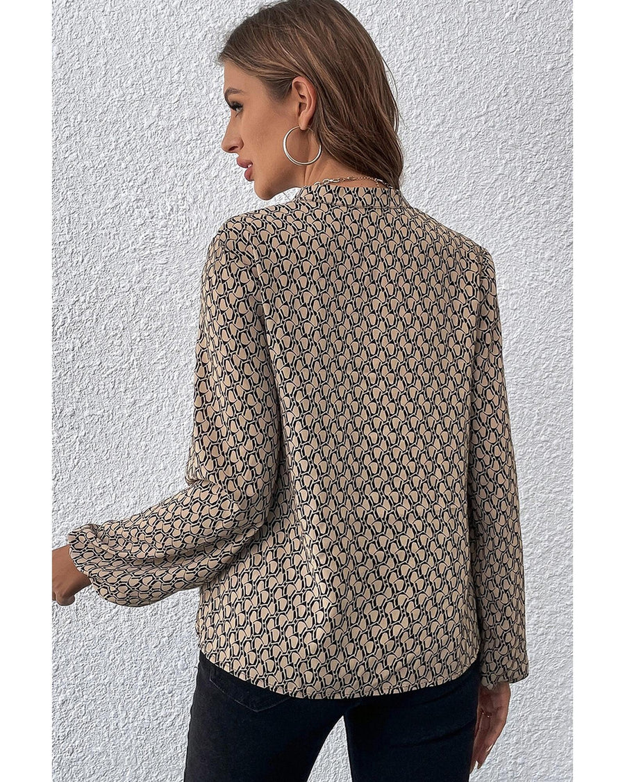 Khaki Geometric Print Notched Neck Puff Sleeve Blouse - M