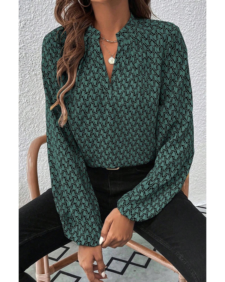 Green Geometric Print Notched Neck Puff Sleeve Blouse - L