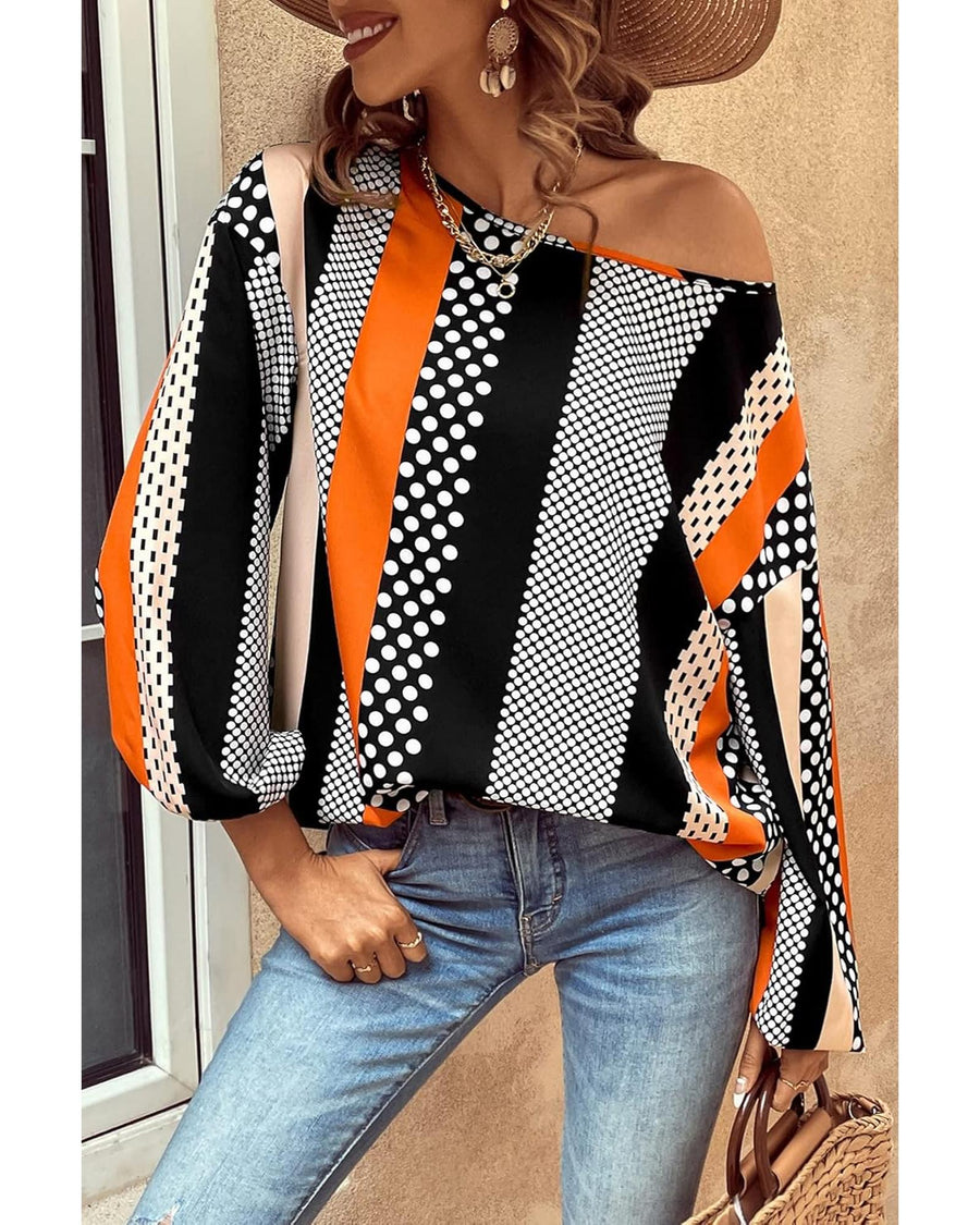 Orange Polka Dot Vertical Striped Printed Puff Sleeve Blouse - S