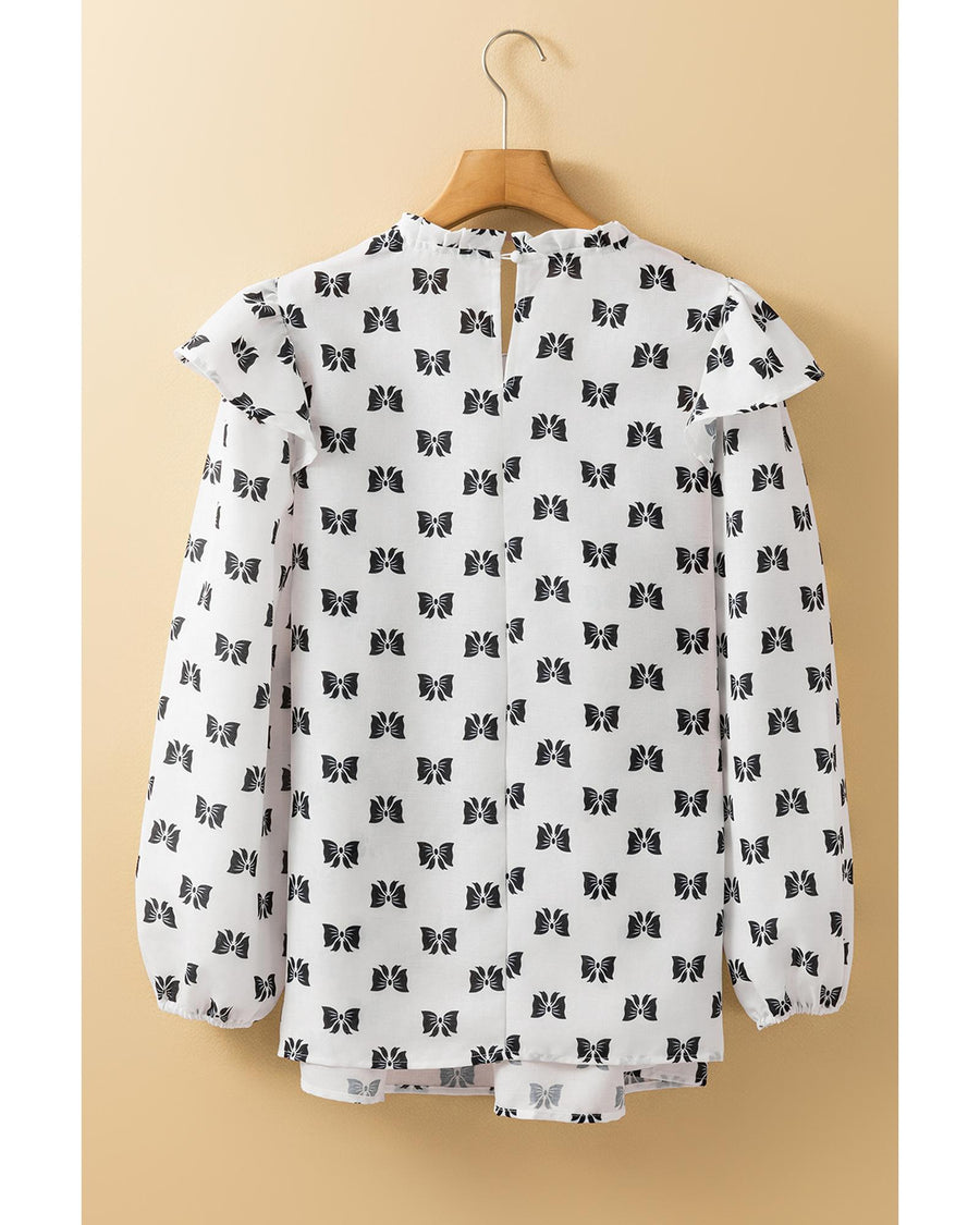 White Bow Knot Print Piping Trim Ruffled Crew Neck Blouse - S