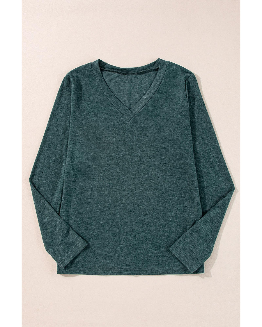 Mist Green Solid Color Long Sleeve V Neck Top - M