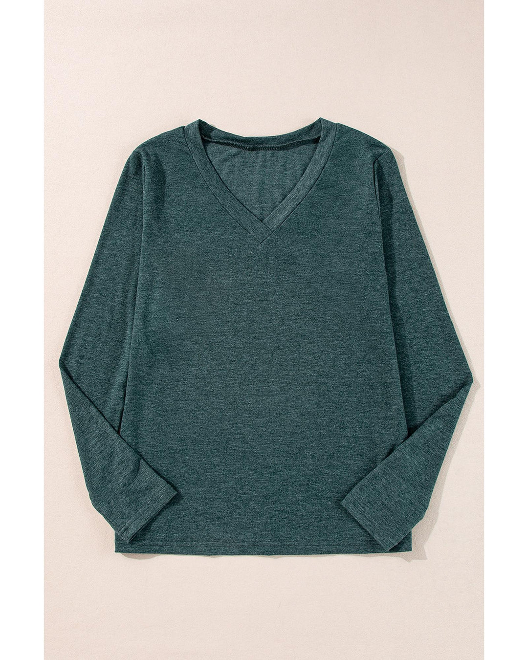 Mist Green Solid Color Long Sleeve V Neck Top - S