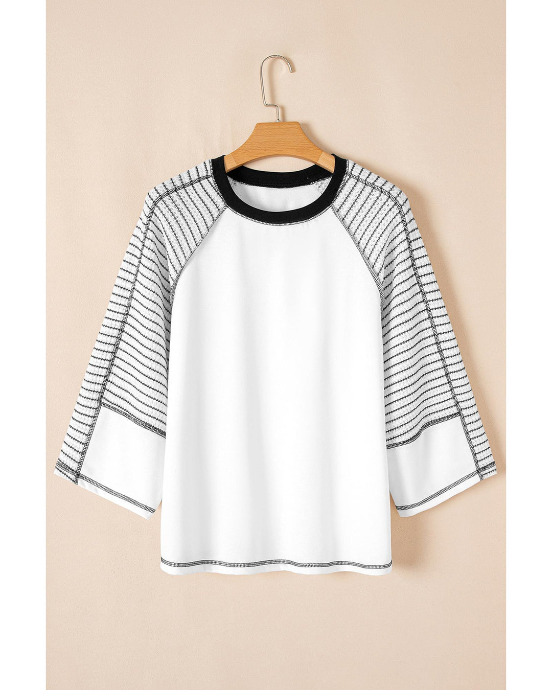 Black Striped Bracelet Sleeve Raglan Patchwork Top - L
