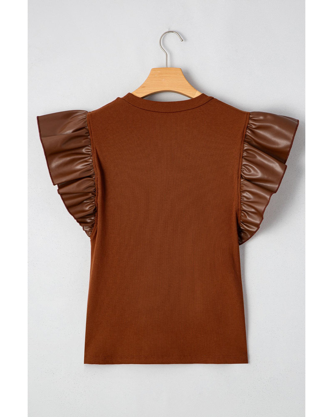 Cinnamon Leather Ruffle Sleeve Patchwork Round Neck Blouse - L