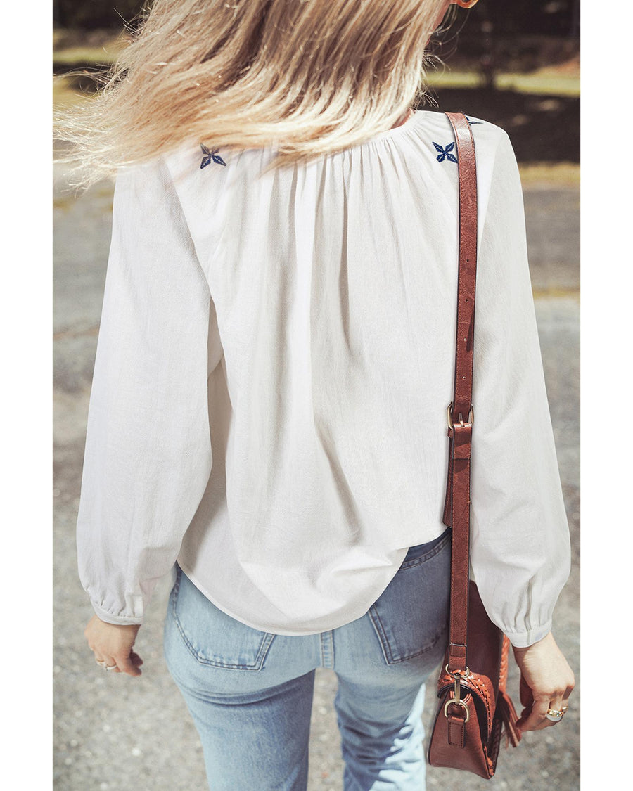 White Geometric Embroidered Long Sleeve Buttoned Blouse - S
