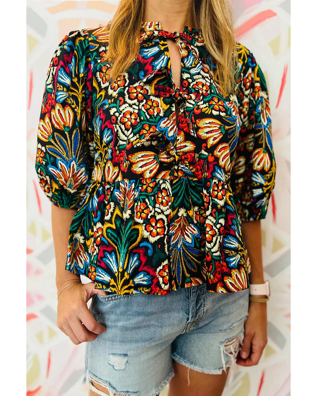 Black Tropical Print Bubble Sleeve Knot Front Blouse - S