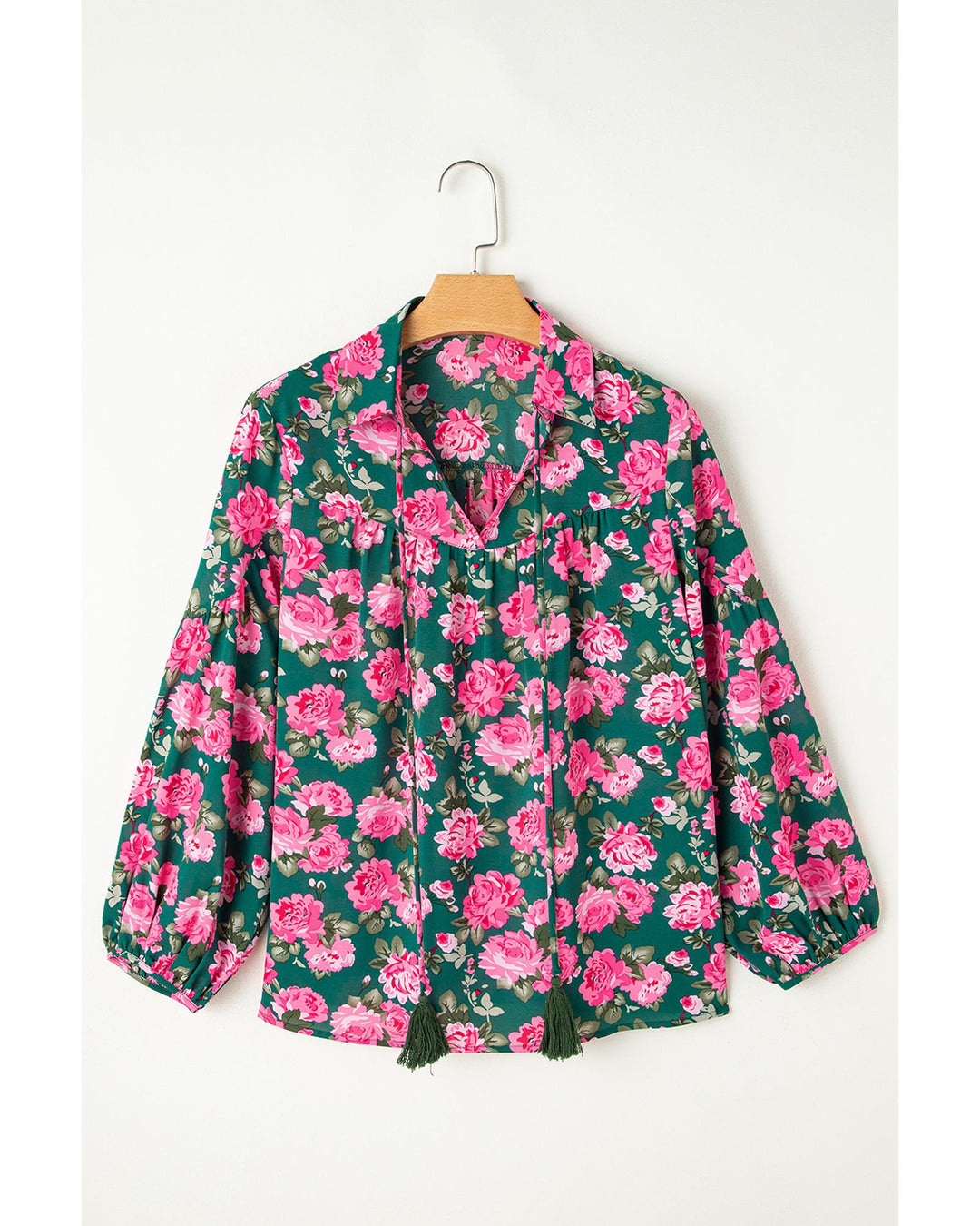 Green Floral Printed Tied Collar Puff Sleeve Blouse - L