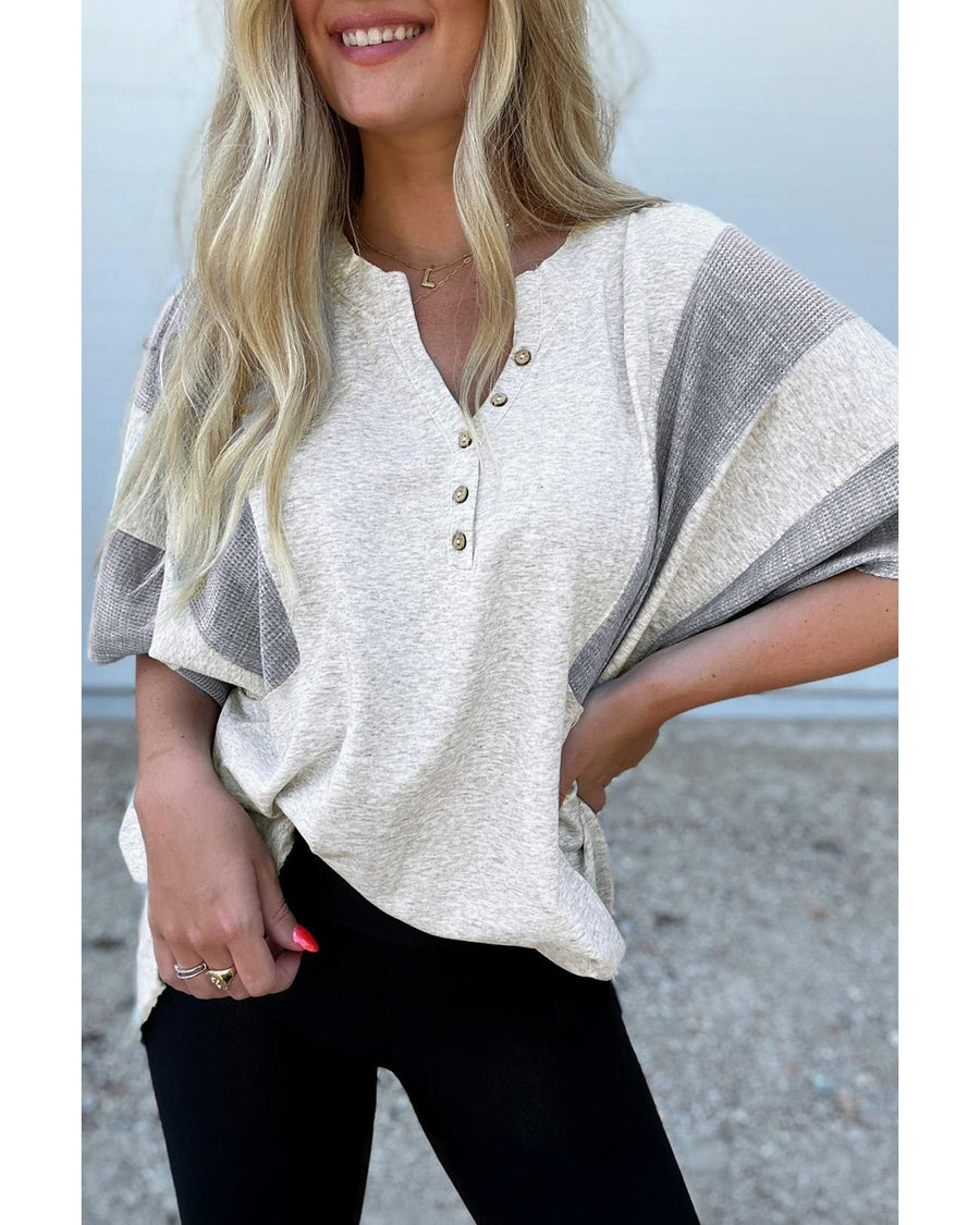 Light Grey Two Tone Contrast Waffle Knit Patched Buttoned V Neck Top - M