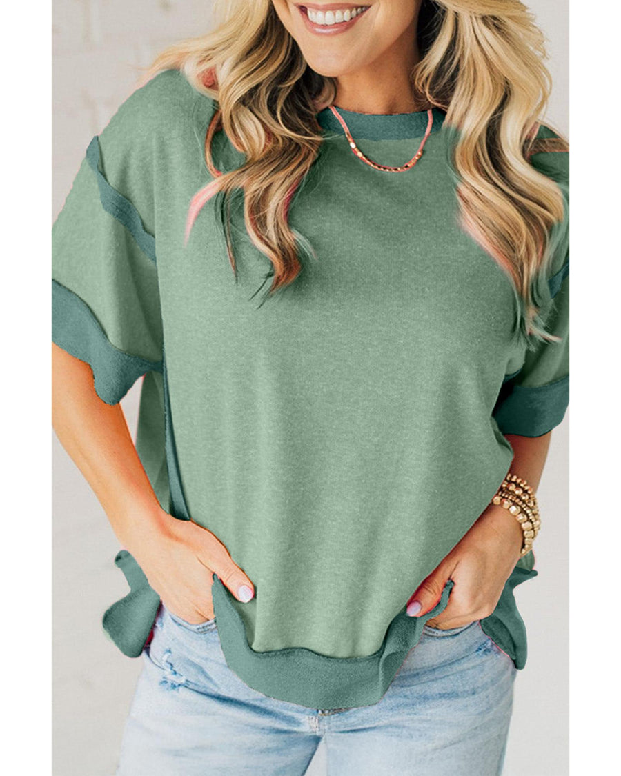 Smoke Green Half Sleeve Raw Seam High Low Side Split Top - L